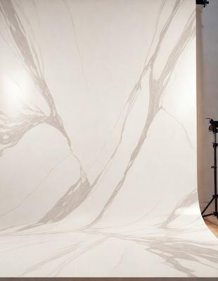 The primary subject of the image is a marble wall with a patterned design. The setting is a room with a white wall, and the visual style appears to be a photo. The colors and mood of the image are predominantly white, giving it a clean and elegant appearance.