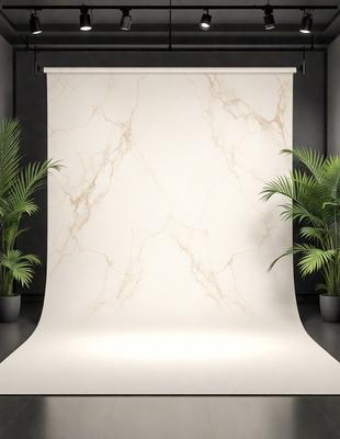 The primary subject of the image is a white marble wall with a large sheet of white paper or fabric hanging on it. The setting is a room with a black background, and the visual style appears to be a photo or a digital artwork. The colors and mood of the image are predominantly white, giving it a clean and minimalist appearance.