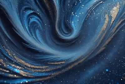 The primary subject of the image is a blue and gold swirl pattern. The setting is a blue background, and the visual style appears to be a digital art or illustration. The dominant colors are blue and gold, creating a vibrant and lively atmosphere.