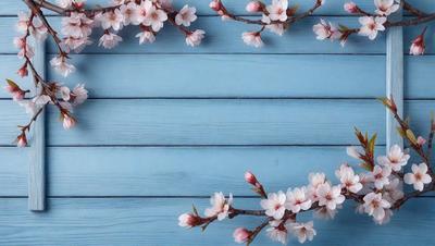 The primary subject of the image is a close-up of a branch with pink flowers on it. The setting is a blue wall, which serves as the background. The visual style is a photo, capturing the beauty of the flowers and the blue wall. The colors and mood of the image are predominantly pink and serene, creating a pleasant and calming atmosphere.