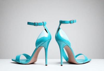 The primary subject of the image is a pair of blue high heels. The setting is a white background, which provides a clean and minimalist look. The visual style is a close-up of the shoes, showcasing their design and details. The colors and mood of the image are predominantly blue, giving the scene a calm and sophisticated atmosphere.