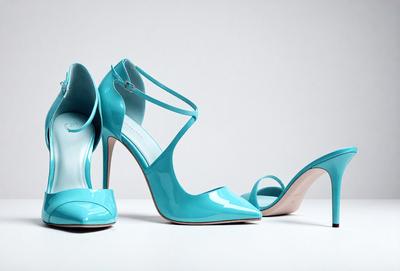 The primary subject of the image is a pair of blue high heels. The setting is a white background, which provides a clean and minimalist look. The visual style is a close-up of the shoes, showcasing their design and details. The colors and mood of the image are predominantly blue, creating a sense of elegance and sophistication.