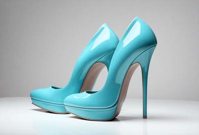 The primary subject of the image is a pair of blue high heels. The setting is a white background, which provides a clean and minimalist look. The visual style is a close-up of the shoes, showcasing their design and details. The colors and mood of the image are predominantly blue, giving the scene a calm and sophisticated atmosphere.