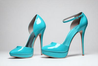 The primary subject of the image is a pair of blue high heels. The setting is a white background, which provides a clean and minimalist look. The visual style is a close-up of the shoes, showcasing their design and details. The colors and mood of the image are predominantly blue, creating a calm and elegant atmosphere.