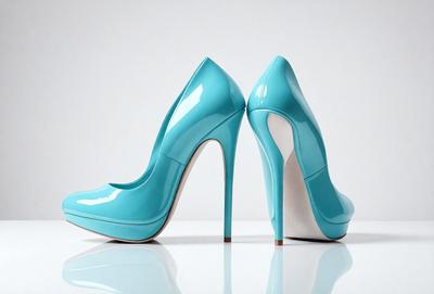 The primary subject of the image is a pair of blue high heels. The setting is a white background, which provides a clean and minimalist look. The visual style is a close-up of the shoes, showcasing their design and details. The colors and mood of the image are predominantly blue, giving the scene a calm and sophisticated atmosphere.
