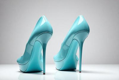 The primary subject of the image is a pair of blue high heels. The setting is a white background, which provides a clean and minimalist look. The visual style is a close-up of the shoes, showcasing their design and details. The colors and mood of the image are predominantly blue, giving the scene a calm and sophisticated atmosphere.