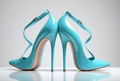 The primary subject of the image is a pair of blue high heels. The setting is a white background, which provides a clean and minimalist look. The visual style is a close-up of the shoes, showcasing their design and details. The colors and mood of the image are predominantly blue, giving the scene a calm and sophisticated atmosphere.