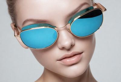 The primary subject of the image is a woman wearing sunglasses. She is wearing blue sunglasses and has a pink lipstick on her lips. The setting is a white background, which provides a clean and minimalistic look to the image. The visual style is a close-up of the woman's face, emphasizing her features and the sunglasses she is wearing. The colors and mood of the image are predominantly pink and blue, giving it a vibrant and