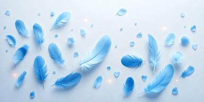 The primary subject of the image is a collection of blue feathers, which are arranged in various positions on a white background. The visual style of the image is a combination of photo and digital art, creating a unique and eye-catching display. The colors and mood of the image are predominantly blue, with a touch of white, giving it a calm and serene atmosphere.