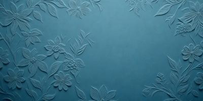 The primary subject of the image is a blue wall with a pattern of white flowers. The setting is a room with a blue background, and the visual style is a combination of digital art and illustration. The dominant colors are blue and white, creating a calm and serene atmosphere.