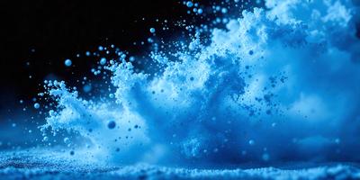The primary subject of the image is a blue, swirling, and cloudy substance, which appears to be a mix of water and soap bubbles. The setting is a dark background, which contrasts with the blue substance. The visual style is a combination of a photo and digital art, creating a unique and captivating effect. The dominant colors are blue and white, with the blue substance being the main focus of the image. The overall atmosphere is one of movement and fluidity, as the blue substance sw