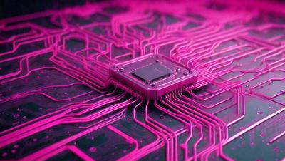 The primary subject of the image is a computer chip, which is the main object in the scene. The setting is a pink background, which creates a unique and visually striking environment. The visual style of the image is a combination of digital art and illustration, as it features a detailed and intricate design. The dominant colors in the image are pink and purple, giving it a warm and vibrant atmosphere.