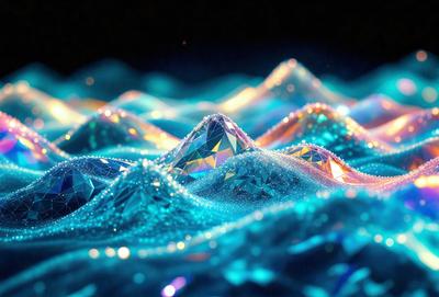 The primary subject of the image is a mountain made of crystals, which is surrounded by a blue water surface. The setting appears to be a futuristic or fantasy environment, as the mountain is not a natural geological formation. The visual style of the image is a combination of photo and digital art, creating a unique and captivating scene. The dominant colors in the image are blue and purple, giving the scene a serene and otherworldly atmosphere.