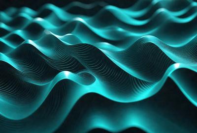 The primary subject of the image is a blue and green wave pattern, which appears to be a digital art or illustration. The setting is a dark background, and the visual style is a combination of digital art and a pattern. The dominant colors in the image are blue and green, creating a calm and soothing atmosphere.