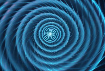 The primary subject of the image is a spiral pattern, which is a blue swirl. The setting is a blue background, and the visual style appears to be a digital art or illustration. The dominant colors are blue and white, creating a calm and soothing atmosphere.