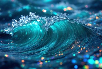 The primary subject of the image is a large, blue wave with a white foam. The wave is crashing down, creating a dynamic and powerful scene. The setting is the ocean, with the water appearing to be blue and clear. The visual style of the image is a combination of photo and digital art, creating a realistic yet artistic representation of the wave. The dominant colors in the image are blue and white, with the blue wave and white foam creating a sense of depth and movement.