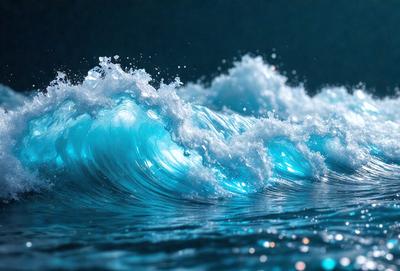 The primary subject of the image is a large wave in the ocean. The wave is blue and white, and it appears to be crashing onto the ocean floor. The setting is the ocean, with the wave being the main focus of the image. The visual style is a photo, capturing the natural beauty of the ocean and the wave. The colors and mood of the image are vibrant and energetic, as the wave creates a dynamic and powerful scene.