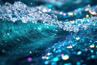 The primary subject of the image is a large wave in the ocean. The wave is filled with glittering, colorful crystals, creating a visually stunning scene. The setting is the ocean, with the wave crashing against the water. The visual style of the image is a combination of photo and digital art, as the crystals are digitally added to the wave. The colors and mood of the image are vibrant and lively, with the crystals adding a sense of magic and wonder to the