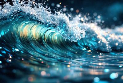 The primary subject of the image is a large wave in the ocean. The wave is blue and has a foamy texture, giving it a dynamic and powerful appearance. The setting is the ocean, with the wave crashing against the water's surface. The visual style of the image is a photo, capturing the natural beauty of the ocean and its waves. The dominant colors in the image are blue and white, creating a serene and calming atmosphere.