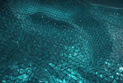 The primary subject of the image is a blue, textured surface that resembles a water surface. The setting is underwater, with the surface appearing to be a blue mesh or a blue fabric. The visual style is a combination of digital art and illustration, creating a unique and intriguing appearance. The dominant colors are blue and green, giving the image a calming and serene atmosphere.