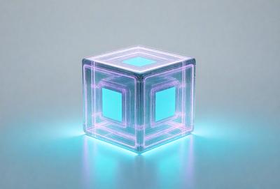 The primary subject of the image is a three-dimensional, blue and purple, geometric shape, possibly a cube or a box, sitting on a white surface. The setting appears to be a studio or a workspace, as the shape is illuminated by a light source, creating a visually appealing and artistic atmosphere. The visual style of the image is a combination of digital art and illustration, with the geometric shape being the focal point of the composition. The colors and mood of the image are vibrant and