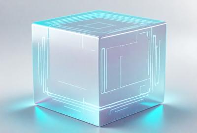 The primary subject of the image is a blue and white cube. The setting is a white background, and the visual style is a digital art or illustration. The dominant colors are blue and white, creating a clean and modern atmosphere.