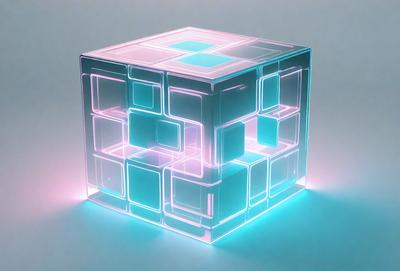 The primary subject of the image is a three-dimensional, colorful, and abstract cube. The cube is made of glass and has a blue and pink color scheme. The setting is a white background, which provides a clean and minimalist appearance. The visual style is a combination of digital art and illustration, creating a unique and eye-catching design. The colors and mood of the image are vibrant and energetic, with the blue and pink hues evoking a sense of creativity and playfulness