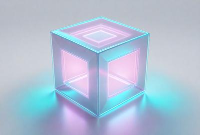 The primary subject of the image is a three-dimensional, transparent, and colorful cube. The cube is placed on a white surface, which serves as the background. The visual style of the image is a combination of photo and digital art, creating a unique and eye-catching display. The dominant colors in the image are blue, pink, and white, giving the scene a vibrant and lively atmosphere.
