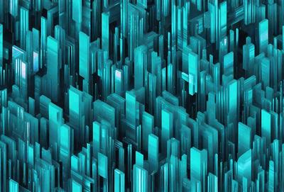 The primary subject of the image is a large, intricate, and colorful pattern made up of many tall, thin, and blue glass-like structures. The setting is a blue background, which complements the vibrant colors of the pattern. The visual style is a combination of digital art and illustration, creating a unique and captivating design. The colors and mood of the image are predominantly blue, with a sense of depth and complexity, giving the impression of a futuristic or fantastical environment.