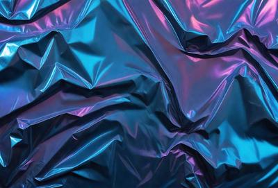 The primary subject of the image is a close-up of a blue and purple fabric, which appears to be a metallic material. The setting is a room with a blue and purple background, creating a visually striking contrast. The visual style is a combination of a photo and digital art, as the fabric appears to be a digital rendering of a metallic material. The colors and mood of the image are predominantly blue and purple, giving it a futuristic and modern feel.