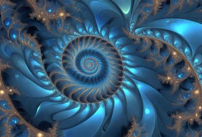The primary subject of the image is a spiral-shaped blue object, which appears to be a part of a larger, intricate design. The setting is a blue background, which complements the blue color of the spiral. The visual style of the image is digital art, as it is a detailed and intricate design. The colors and mood of the image are predominantly blue, creating a calm and serene atmosphere.