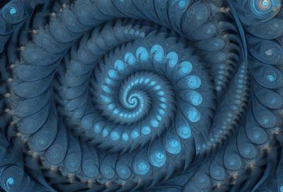 The primary subject of the image is a spiral pattern, which is the main object, scene, or focus of the image. The spiral pattern is set against a blue background, giving it a vibrant and lively appearance. The visual style of the image is digital art, as it is a computer-generated design. The dominant colors in the image are blue and white, creating a sense of depth and contrast.