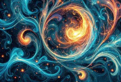 The primary subject of the image is a swirling, colorful pattern that resembles a galaxy or a whirlpool. The setting is a dark, starry background, which adds to the visual style of the image. The colors and mood of the image are predominantly blue and orange, creating a vibrant and dynamic atmosphere.