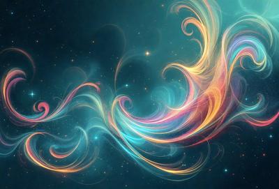 The primary subject of the image is a vibrant, colorful, and swirling pattern that resembles a kaleidoscope. The setting is a dark, starry background, which contrasts with the bright and lively pattern. The visual style is a combination of digital art and illustration, creating a dynamic and captivating scene. The dominant colors are blue, pink, and yellow, which evoke a sense of energy and movement. Overall, the image conveys a sense of wonder and exploration