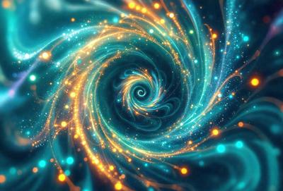 The primary subject of the image is a spiral pattern, which is a blue and yellow swirl. The setting is a blue background, and the visual style appears to be a digital art or illustration. The dominant colors are blue and yellow, creating a vibrant and lively atmosphere.