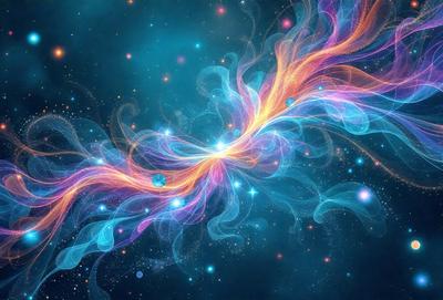 The primary subject of the image is a vibrant, colorful, and swirling pattern that resembles a kaleidoscope. The setting is a dark, star-filled sky, creating a contrasting backdrop for the swirling pattern. The visual style is a combination of digital art and illustration, with the swirling pattern being the main focus of the image. The colors and mood are lively and energetic, with the swirling pattern drawing the viewer's attention and creating a