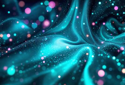 The primary subject of the image is a blue fabric with a pattern of white dots. The setting is a dark background, which contrasts with the bright blue fabric. The visual style is a close-up of the fabric, showcasing the intricate pattern of the white dots. The colors and mood of the image are predominantly blue and white, creating a sense of calmness and elegance.