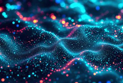 The primary subject of the image is a vibrant, colorful, and abstract design. The setting is a dark blue background, which contrasts with the bright colors of the design. The visual style appears to be a combination of digital art and illustration, creating a unique and eye-catching pattern. The colors and mood of the image are energetic and lively, with the blue background providing a sense of depth and contrast to the bright, colorful design.
