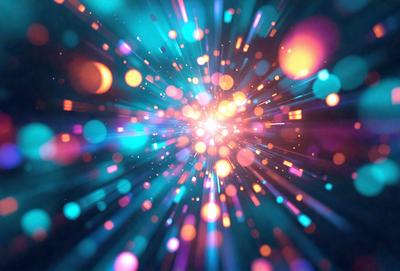 The primary subject of the image is a bright, colorful, and vibrant light source. The light appears to be a neon or laser-like effect, creating a visually striking scene. The setting is a dark background, which contrasts with the bright light source, emphasizing its intensity. The visual style of the image is a combination of digital art and illustration, creating a unique and eye-catching pattern. The colors and mood of the image are predominantly blue and green, giving it a lively