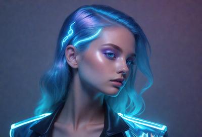 The primary subject of the image is a woman with blue hair, wearing a black jacket and a purple lipstick. She is posing for the camera with a confident and stylish expression. The setting is a studio, and the visual style is a combination of photo and digital art. The colors and mood of the image are vibrant and energetic, with the blue hair and purple lipstick adding a touch of modernity and creativity to the scene.