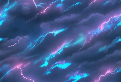 The primary subject of the image is a purple and blue cloud with lightning bolts. The setting is a cloudy sky, and the visual style appears to be a digital art or illustration. The dominant colors are purple and blue, creating a vibrant and energetic atmosphere.