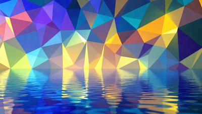 The primary subject of the image is a blue and yellow water surface, possibly a lake or a body of water. The setting is a colorful, geometric background, which adds a vibrant and artistic touch to the scene. The visual style of the image is a combination of photo and digital art, creating a unique and eye-catching representation of the water surface. The dominant colors in the image are blue and yellow, which contribute to a calming and lively atmosphere.