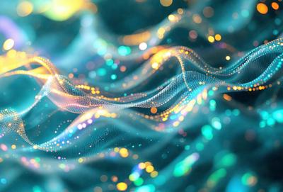 The primary subject of the image is a colorful, swirling, and vibrant pattern. The setting is a blue background, which adds to the overall visual style. The colors and mood of the image are lively and energetic, with a mix of bright and pastel hues.