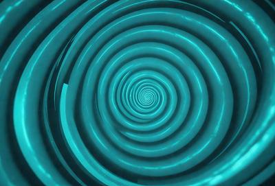 The primary subject of the image is a spiral pattern, which is a blue and white swirl. The setting is a blue background, and the visual style appears to be a digital art or illustration. The colors and mood of the image are predominantly blue and white, creating a sense of depth and movement.