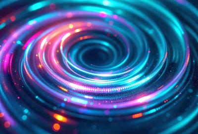 The primary subject of the image is a swirling, colorful spiral pattern. The setting is a dark background, which contrasts with the vibrant colors of the spiral. The visual style is a combination of digital art and illustration, creating a dynamic and eye-catching design. The dominant colors are blue, orange, and purple, which contribute to a lively and energetic atmosphere.