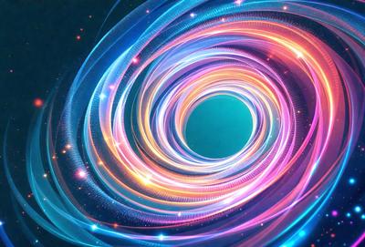 The primary subject of the image is a colorful, swirling, and spiraling pattern. The setting is a dark background, which contrasts with the vibrant colors of the pattern. The visual style appears to be a combination of digital art and illustration, creating a dynamic and eye-catching design. The dominant colors in the image are pink, blue, and green, giving the overall atmosphere a lively and energetic feel.