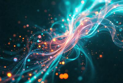 The primary subject of the image is a vibrant, colorful, and abstract design. The setting is a dark background, which contrasts with the bright colors of the design. The visual style is a combination of digital art and illustration, creating a unique and eye-catching pattern. The dominant colors are blue, orange, and purple, which contribute to a lively and energetic atmosphere.