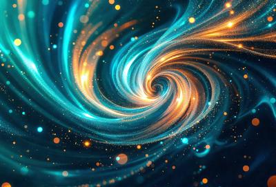The primary subject of the image is a swirling, spiraling, and twisting blue and orange light. The setting is a dark background, which contrasts with the bright and vibrant colors of the light. The visual style appears to be a digital art or illustration, as the light seems to be a part of a larger, more complex design. The colors and mood of the image are energetic, dynamic, and captivating, with the blue and orange hues creating a sense of movement and excitement.