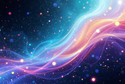 The primary subject of the image is a vibrant, colorful, and swirling pattern of light, which appears to be a digital art or illustration. The setting is a dark, starry background, creating a contrasting and dramatic effect. The visual style is a mix of digital art and illustration, with a focus on the swirling pattern of light. The colors and mood of the image are predominantly blue and purple, giving it a serene and calming atmosphere.