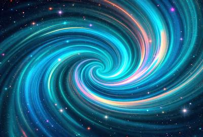 The primary subject of the image is a spiral-shaped, colorful, and swirling pattern. The setting is a space background, with the spiral pattern filling the entire frame. The visual style is a digital art or illustration, creating a vibrant and dynamic atmosphere. The dominant colors are blue, pink, and orange, giving the spiral pattern a lively and energetic appearance.